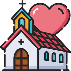 Church building with cross and large red heart vector icon symbolizing faith love charity and community support