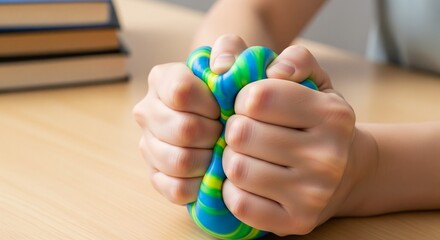 Hands Squeezing Colorful Anti-Stress Ball for Tension Relief on Desk