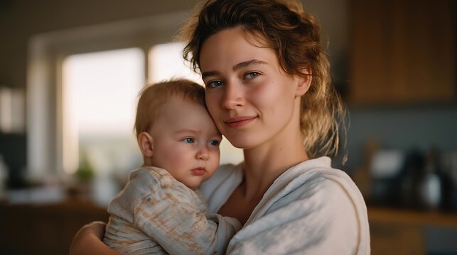 Mother wearing a casual outfit standing in the kitchen holding her baby while multitasking, emotion of determination and love visible, symbolizing working mom lifestyle, time management, and family