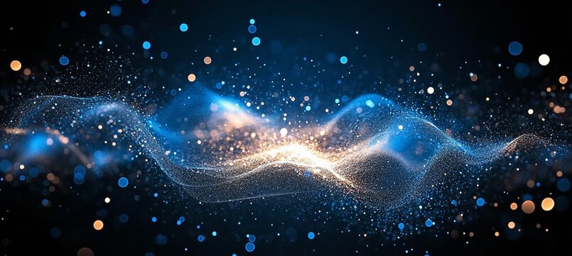 A Dynamic Abstract Particle Spectacle Radiant Blue Waves with Bursts of Energetic Orange on Black