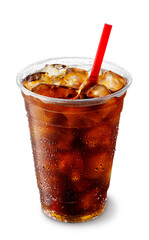 Iced cola in misted disposable plastic cup with straw isolated on white background