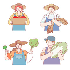 farmers, harvests, fruits, vegetables, farming, boram, rice, carrots, moow, men, women, characters