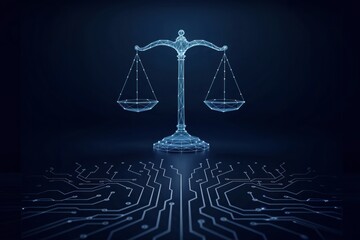 Wireframe Scales of Balance on a Futuristic Circuit Board, Digital Justice and Artificial Intelligence, Glowing Blue Justice Symbol Over Electronic Circuit Board, AI Ethics, Legal Tech, Cybersecurity