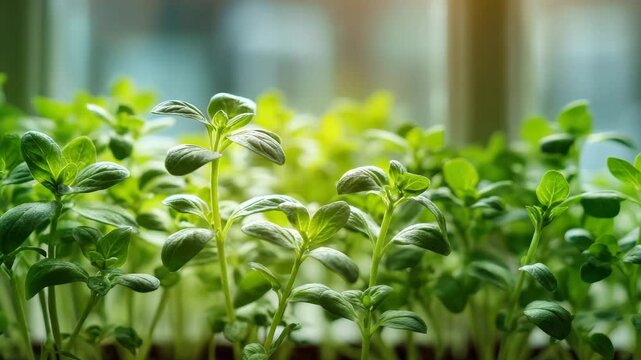 Small green plants thrive indoors in warm morning sunlight, awaiting garden planting