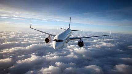 Fototapeta premium A commercial airplane flying above the clouds during sunrise or sunset