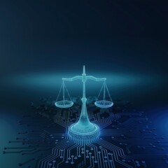 Wireframe Scales of Balance on a Futuristic Circuit Board, Digital Justice and Artificial Intelligence, Glowing Blue Justice Symbol Over Electronic Circuit Board, AI Ethics, Legal Tech, Cybersecurity