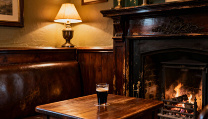 Glass of Dark Beer on a Table by a Fireplace in a Cozy Pub