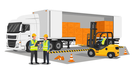 Industrial warehouse scene with workers loading cargo boxes into a transport truck using a forklift, logistics and shipping concept vector illustration
