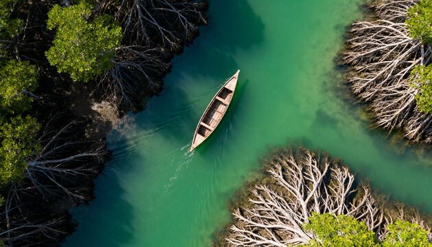 Emerald Mangrove Channel with Wooden Boat, Aerial View - Powered by Adobe