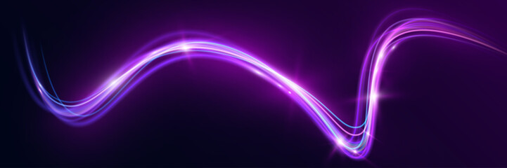 Neon glowing curved light lines wave on dark background, futuristic energy flow effect, abstract purple blue gradient motion trail design. © NAUM
