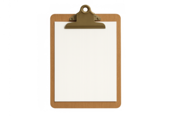 Clipboard holding blank paper, ready for notes, a document, or presenting information with a transparent background