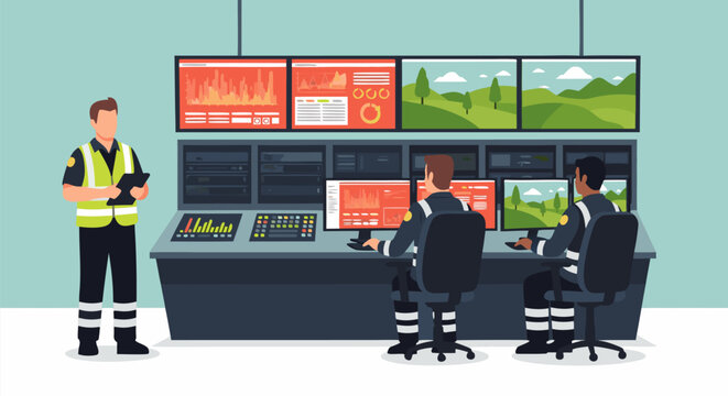Team of Specialists Monitoring Data and Information in a Control Room, Ensuring Operational Efficiency