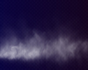 White smoke or fog effect on dark transparent background, realistic mist cloud texture, steam haze overlay for design and atmosphere.