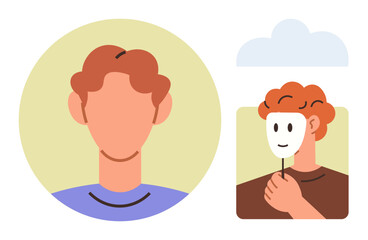 Person with a neutral facial expression holding a mask to cover true emotions or identity. Ideal for themes thumbs up psychology, self-awareness, identity, deception, honesty, introspection, simple