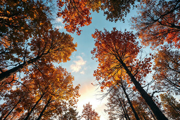 Looking up at a colorful autumn forest canopy against a blue sky