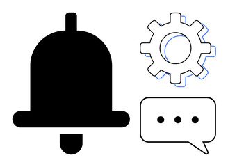 Black notification bell, outlined cogwheel, and chat bubble with dots suggest reminders, customization, and interaction. Ideal for alerts, communication, messaging, teamwork user interface