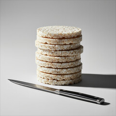 Stack of round rice cakes with a knife on a light gray background