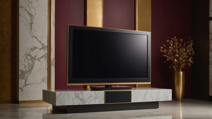 Fototapeta premium Elegant modern tv on marble stand in luxurious living room with gold decor and burgundy walls