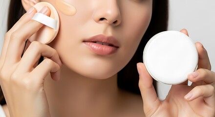 Close-up of a young woman applying liquid foundation to her cheek with a soft makeup sponge, holding a white compact.