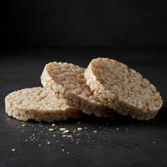 Three round rice cakes on a dark surface with crumbs