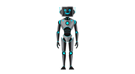 Smiling Robot in Cartoon Style with Blue Accents, Technological Design on White Background