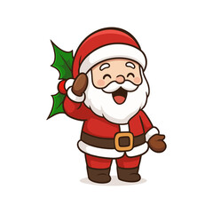 Cute cartoon Santa Claus with a big white beard and red suit, holding holly, smiling and winking, on a white background.