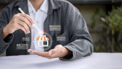 Local store reputation management with five-star customer reviews and targeting icon for e-commerce marketing