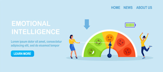 Employee pulls mood gauge meter toward the green as energy rises. Overcoming stress and anxiety. Stop emotional problems. Customer rating satisfaction,  feedback positive review. Positive thinking