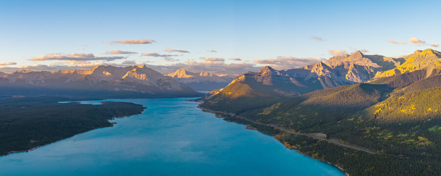 Panoramic drone view of Abraham Lake at sunrise near Banff and Jasper

