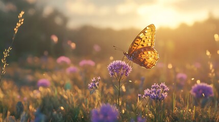 A butterfly perched on a purple wildflower in a meadow, surrounded by native grasses