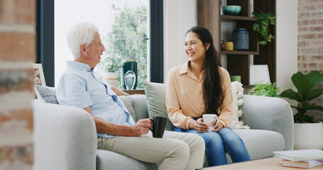 Happy, coffee and daughter with old man on sofa for support, reunion and bonding. Retirement home,...