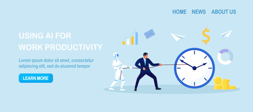 Leader and robot pull rope with large clock to win back hours, unlock revenue. Human skill pairs with AI to accelerate results. Artificial Intelligence partnership and time and productivity control - Powered by Adobe