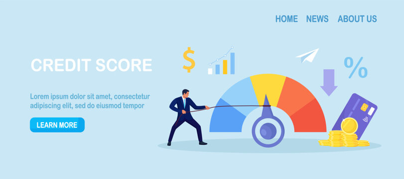 Credit score. Businessman pulls the arrow of speedometer scale changing credit history from poor to good. Payment history data meter. Bank analysts evaluating ability of prospective debtor to pay debt