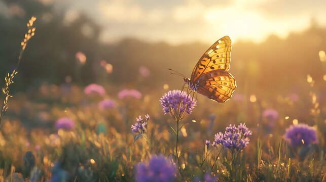 A butterfly perched on a purple wildflower in a meadow, surrounded by native grasses