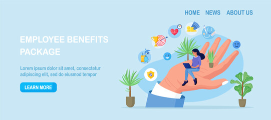 Helping hand supports woman while active work. Care for employee wellbeing in company. Sustainable growth with HR support. Safety at workplace. Protection benefits and insurance coverage from employer