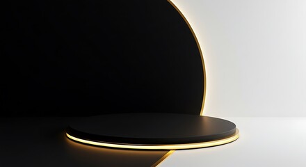 Elegant black pedestal with golden accents against a stylish backdrop