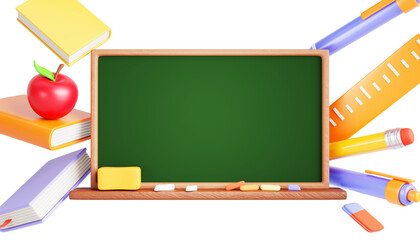 Back to school banner. Empty green blackboard with flying books, red apple, stationery supplies on blue background. Poster template for discount on education, special promo sale offer