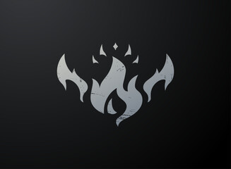 Flame emblem tribal symbol design, fantasy fire crest with metallic scratched texture and sharp gothic curves on dark background.