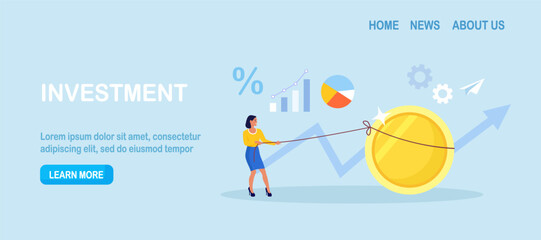 Business leader pulls a giant coin as metrics climb. Effort and profit drive, revenue growth and cash flow control. Budgeting and investment concept. Financial success or strategy planning