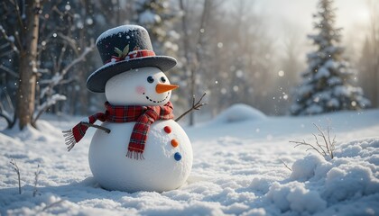 Cheerful snowman with red scarf and black hat standing in snowy yard during winter sunshine