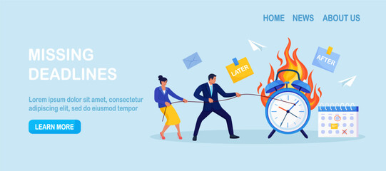 Two colleagues pull rope to hold back burning alarm clock as deadline nears. Urgency, race against time. Procrastination in office projects, schedule control. Time management, planning for efficiency