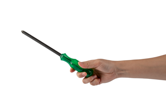 Green screwdriver in hand on transparent background