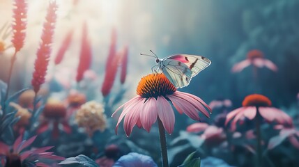 A butterfly resting on a vibrant echinacea flower, surrounded by other pollinator-friendly plants in a garden