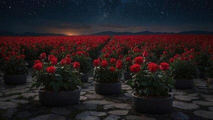 Red roses in pots on stone pathway at night with starry sky over vast rose field and mountains in the background
