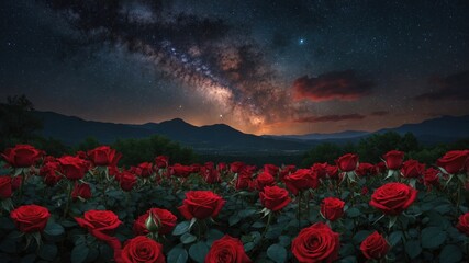 Stunning red rose field beneath milky way galaxy and starry night sky with mountain silhouette and glowing horizon