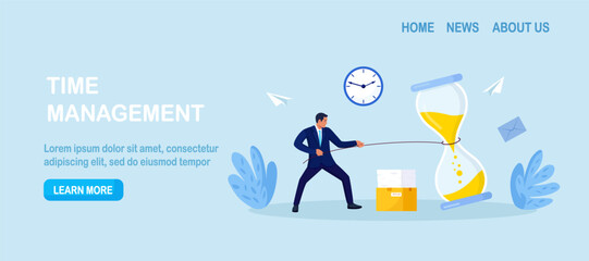 Businessman pulls a rope tied to a giant hourglass as sand runs out. Deadline pressure, urgency and race against time. Time management, business planning for efficiency