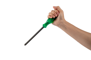 Green screwdriver in hand on transparent background