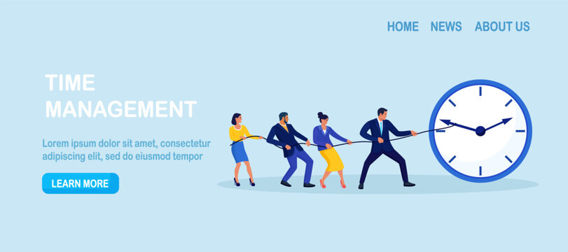 Team pulls a rope tied to clock to beat deadline. Urgency, pressure and race against time in business projects. Time management, planning for efficiency. People struggle to reverse direction of arrows