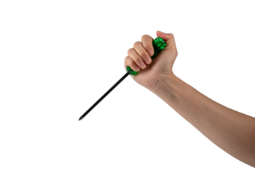 Green screwdriver in hand on transparent background