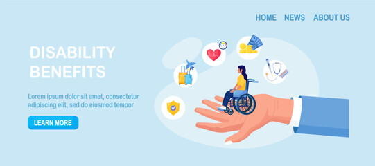 Helping hand supports woman in a wheelchair as icons show travel health, money and care. Safety inclusion and insurance coverage for people with disabilities. Social care and accessibility